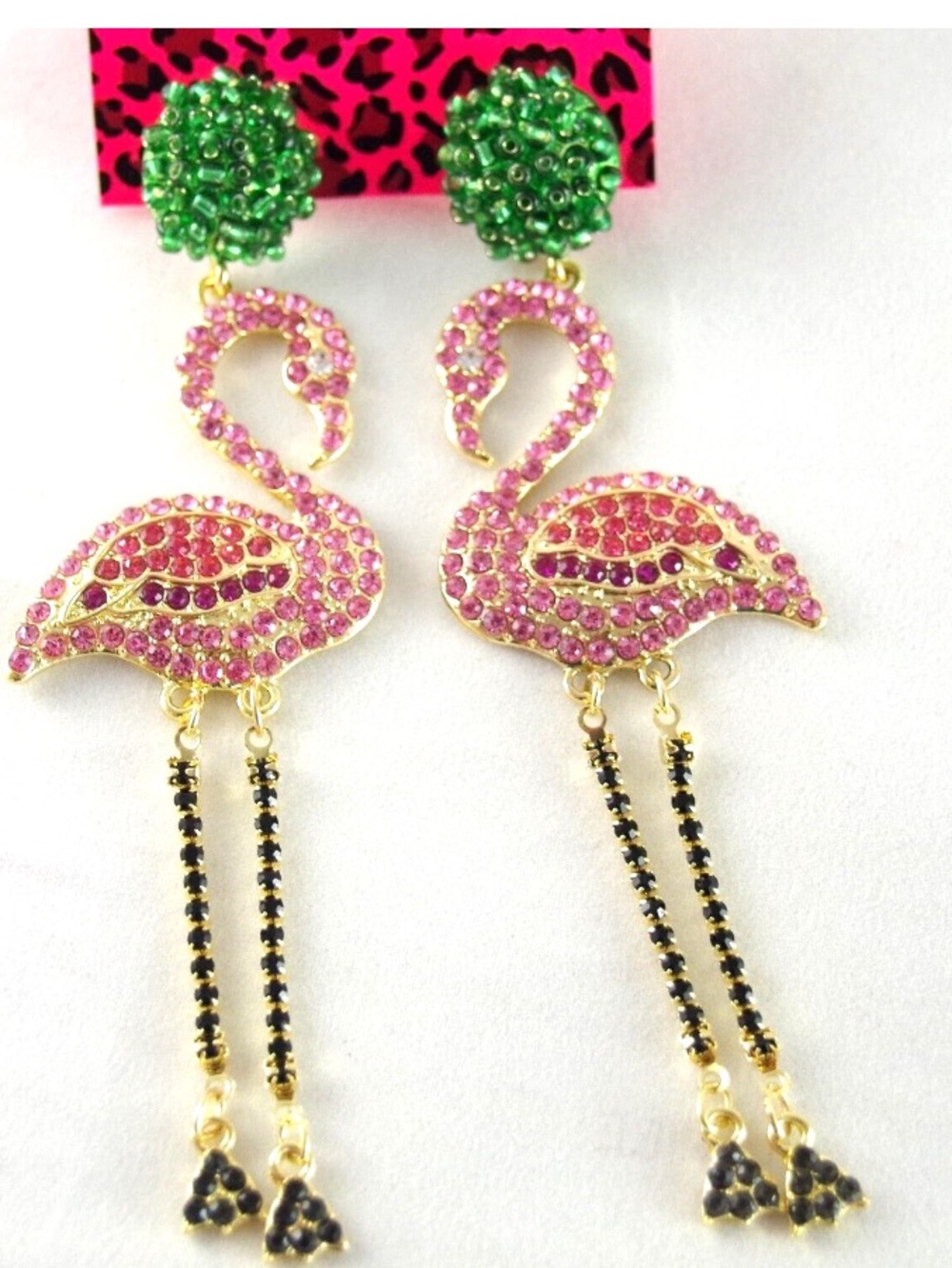 BETSEY JOHNSON Pink Flamingo Drop Earrings with Green Bead Pierced Posts NIB